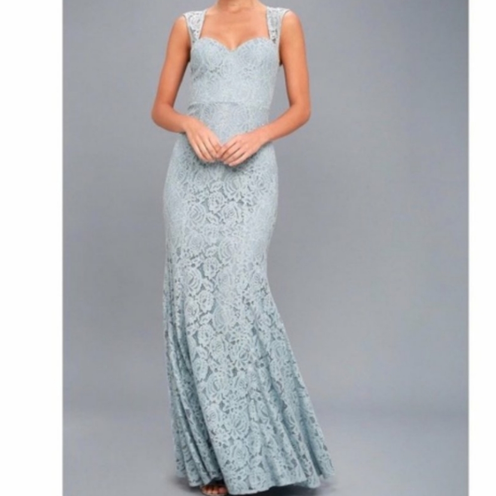 Lulus Rosetta Slate Blue Lace Maxi Dress